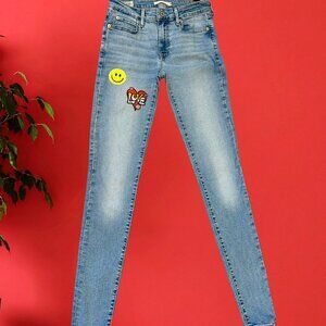 Custom Denim | Levis 711 Skinny Jeans - Smiley Love Patches - Size 26